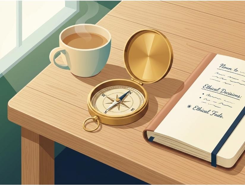 Notebook with ethical fade notes and compass